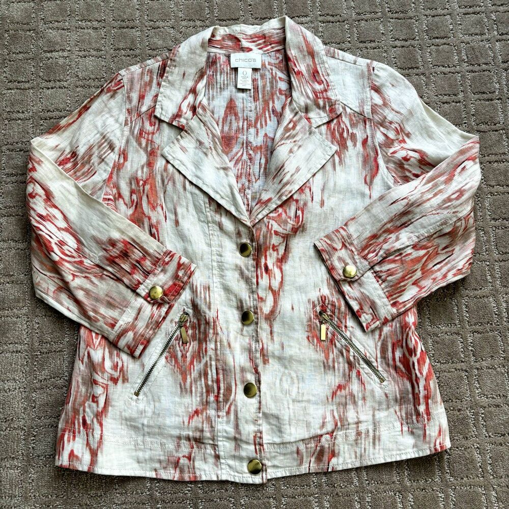 Chicos Linen Blazer Jacket Women's S Beige Orange Watercolor Artsy Travel Resort